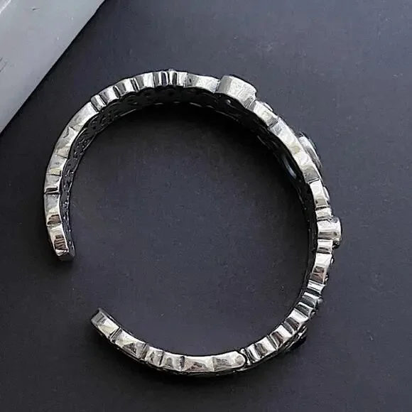 Vintage Sterling Silver Bangle, Multicolor Gemstone Engraved Cuff, Elegant - Picture 5 of 5